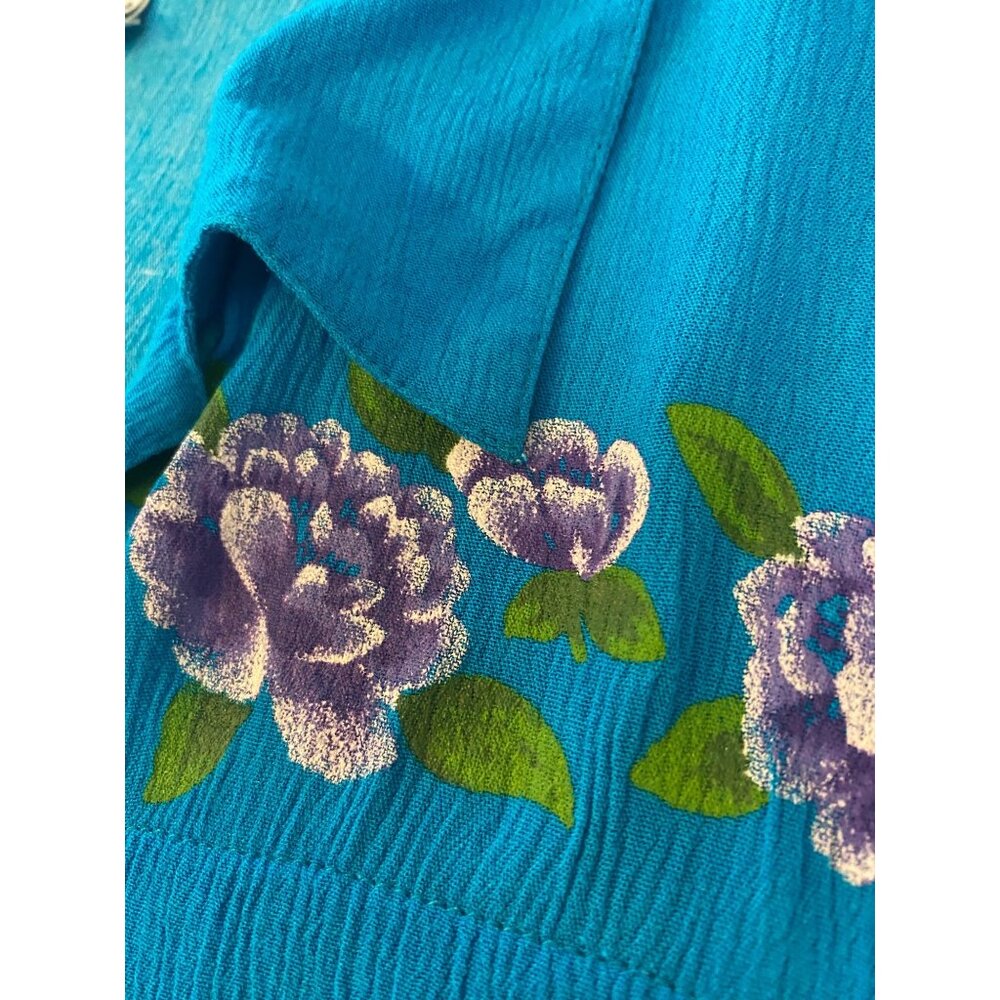 Liz Baker Womens Size 2X Blue Floral Button-Up Short Sleeve Blouse Top Shirt - Picture 2 of 4